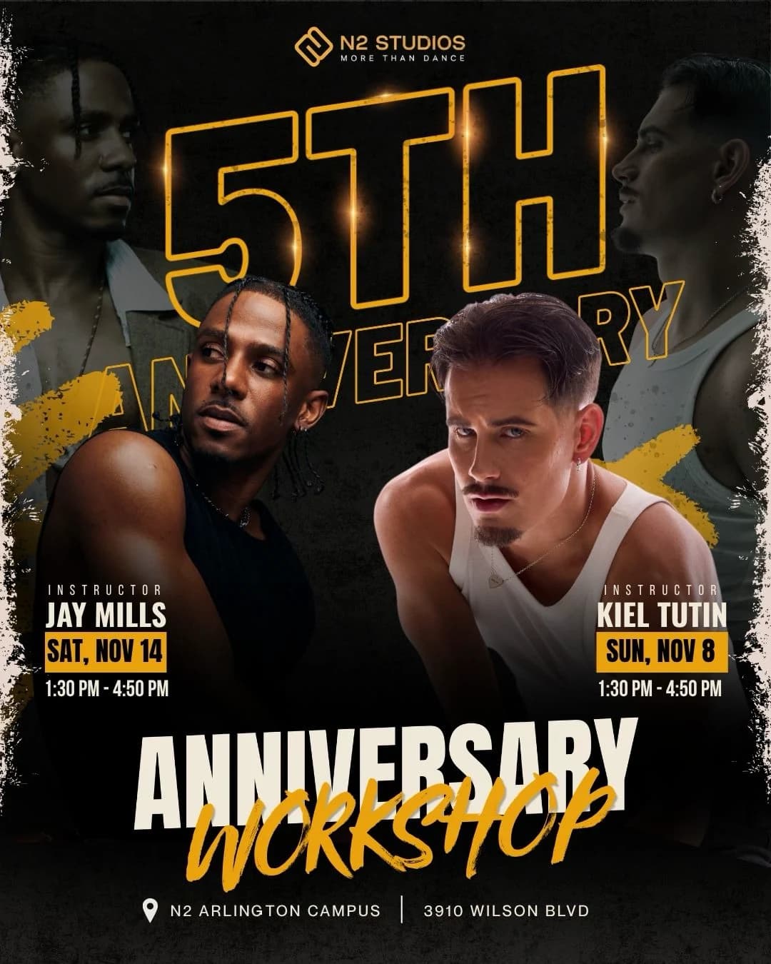 N2 Studios 5th anniversary workshop poster featuring Jay Mills on Saturday, November 14, and Kiel Tutin on Sunday, November 8, at 3910 Wilson Blvd, Arlington