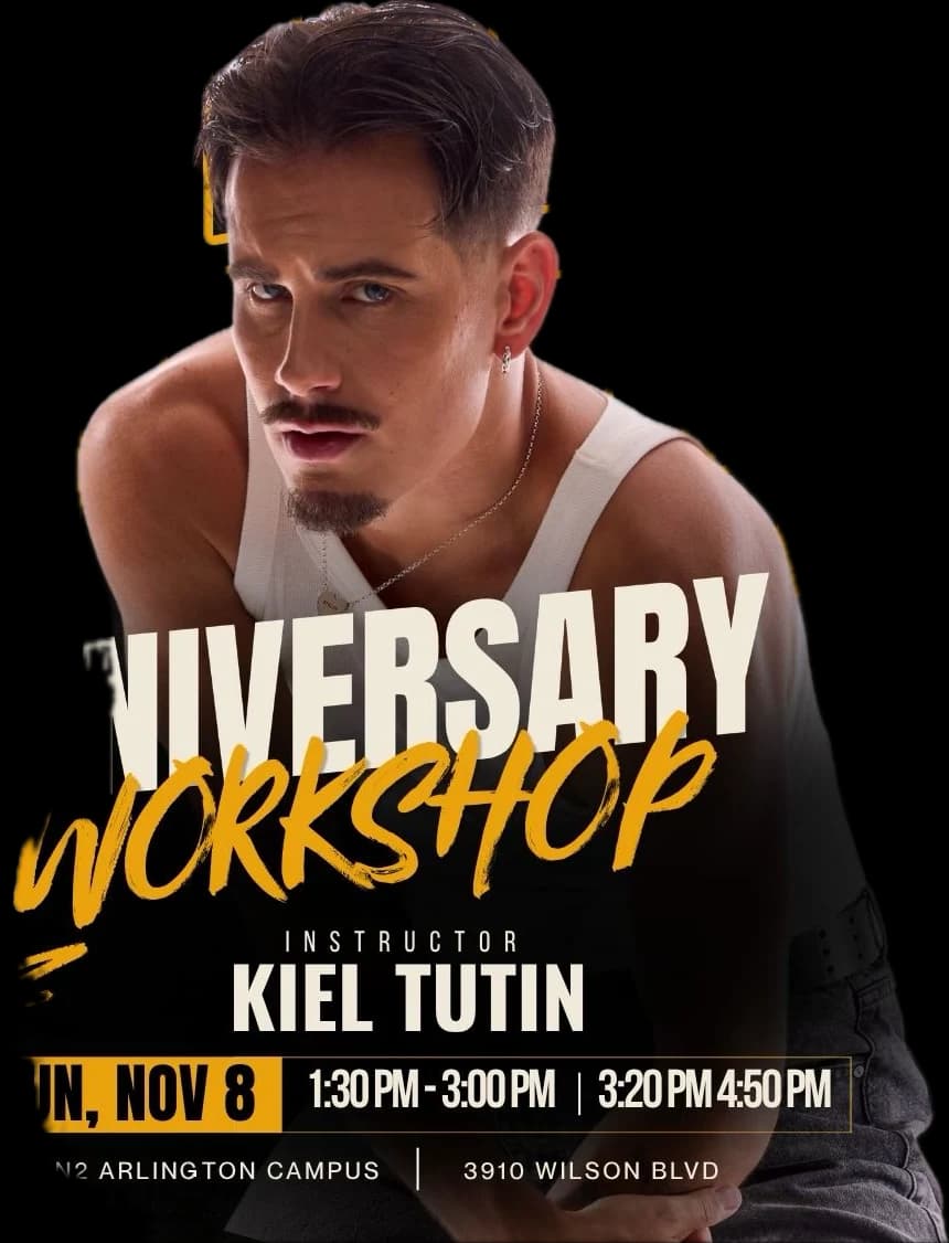 N2 Studios 5th anniversary workshop poster: instructor Kiel Tutin, Sunday, November 8, 1:30–3 PM and 3:20–4:50 PM, 3910 Wilson Blvd, Arlington